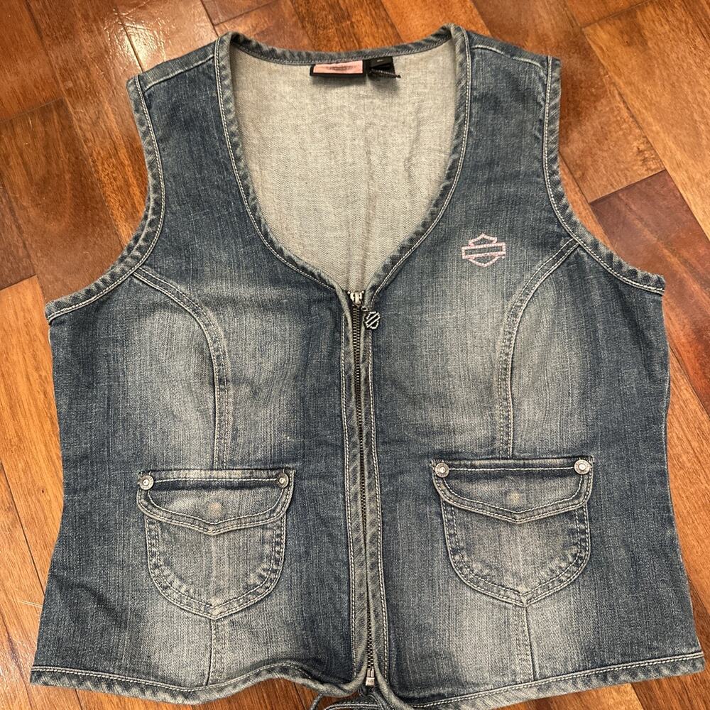 Harley Davidson Jean Vest Women's XL Blue Denim Bling Pink HARLEY on Back